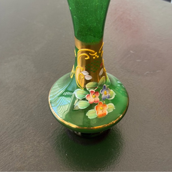 Vintage Emerald Green Glass Vase Gold Rim Hand Painted Flowers Czech Bohemian - Picture 13 of 14